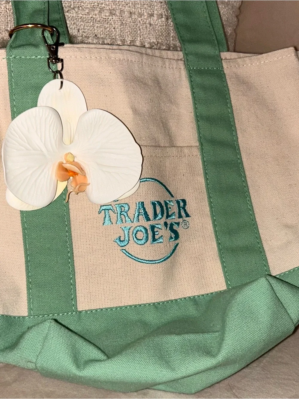 White Orchid Keychain Charm with Peach Accent
